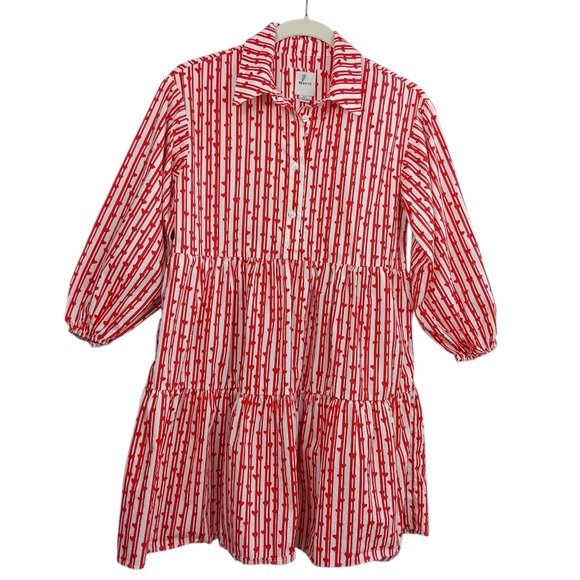 MAEVE The Bettina Tiered Mini Shirt Dress Women's Sz XXS Red Striped heart print - Picture 5 of 9